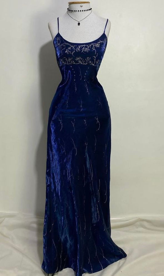 Royal Blue Spaghetti Straps Velevt Sheath Vintage Long Formal Party Dress, DP4370