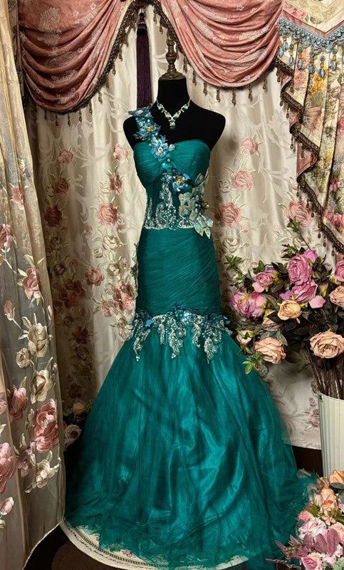 Green One Shoulder Appliques Tulle Mermaid Long Evening Gown Party Dress, DP4374