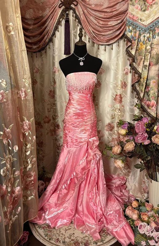 Pink Strapless Mermaid Satin Long Party Dress Evening Gown, DP4377