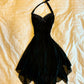 Black V Neck Halter A-Line Midi Length Cocktail Dress Evening Party Dress, DP4388