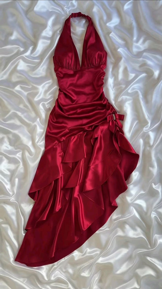 Vintage Wine Red Halter Satin Long Evening Party Dress Birthday Outfits, DP4389