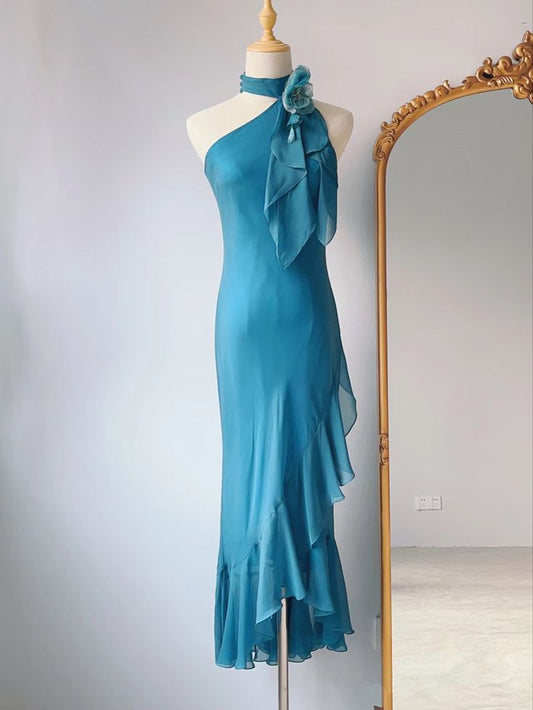 Blue Halter Neck Sheath Ruffles Chiffon Vintage Long Party Dress, DP4390