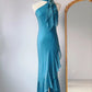 Blue Halter Neck Sheath Ruffles Chiffon Vintage Long Party Dress, DP4390