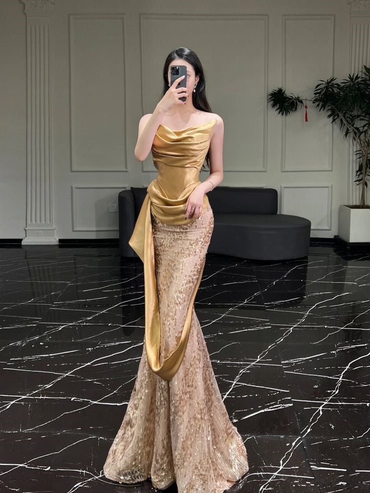 Elegant Strapless Mermaid Sequins Satin Long Formal Party Dress, DP4393