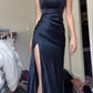 Dark Navy Straps Split Sheath Satin Simple Long Party Dress, DP4395