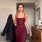 Burgundy Spaghetti Straps Sheath Lace Long Party Dress, DP4398