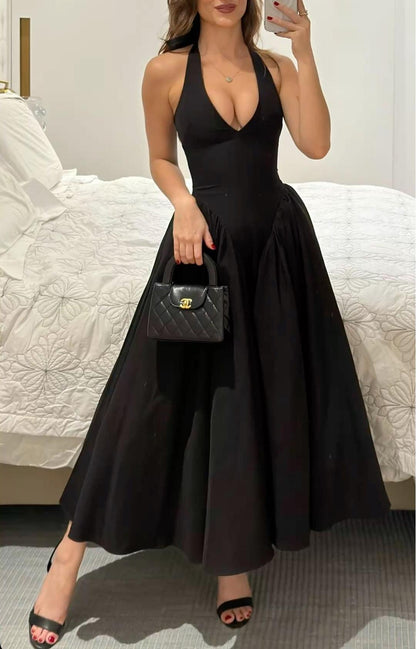 Elegant Halter Neck A-Line Black Long Party Dress Evening Dress, DP4405