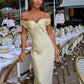 Light Yellow Off Shoulder Sheath Satin Long Party Dress Wedding Guest Dress, DP4420