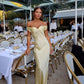 Light Yellow Off Shoulder Sheath Satin Long Party Dress Wedding Guest Dress, DP4420