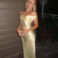 Light Yellow Off Shoulder Sheath Satin Long Party Dress Wedding Guest Dress, DP4420