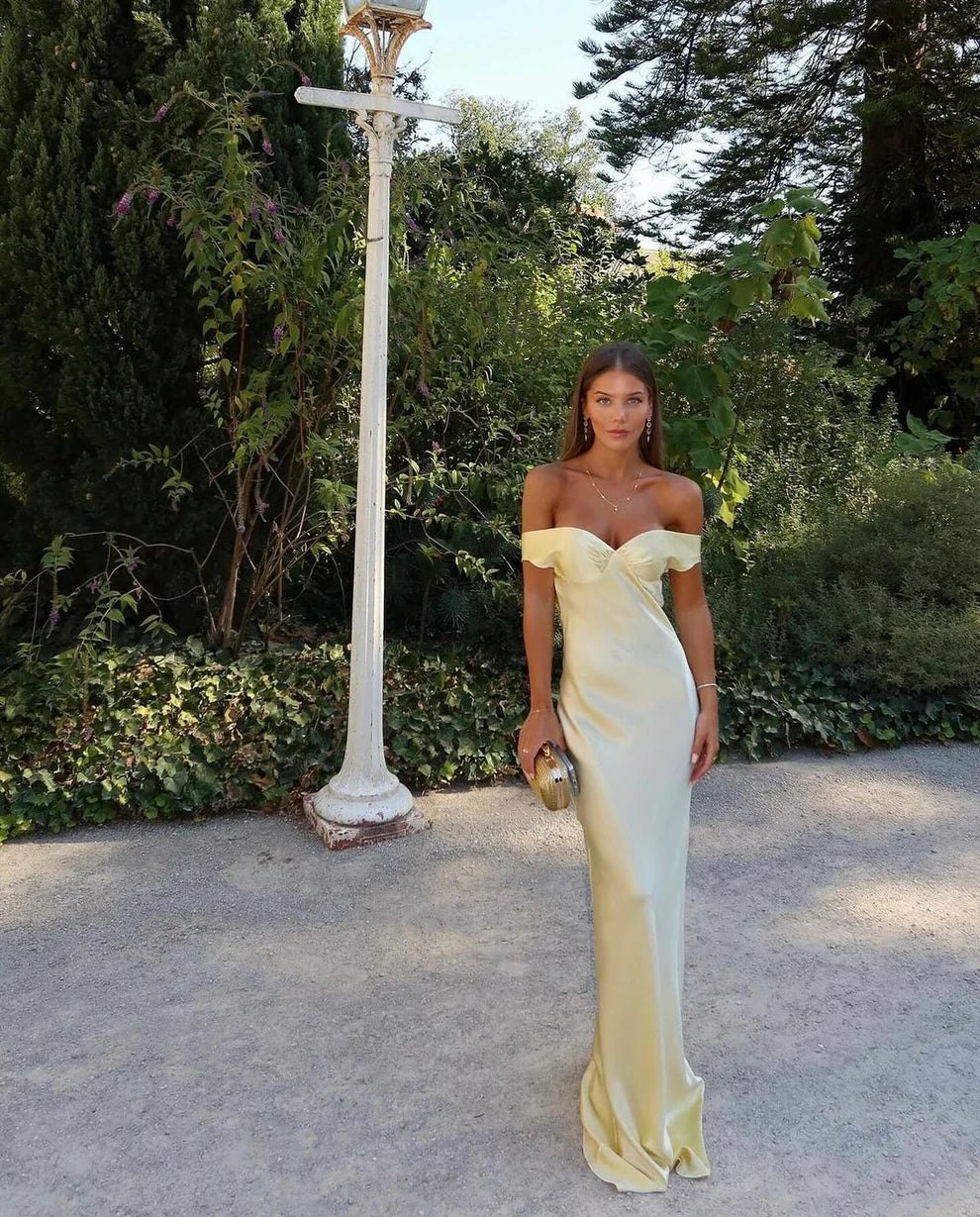 Light Yellow Off Shoulder Sheath Satin Long Party Dress Wedding Guest Dress, DP4420