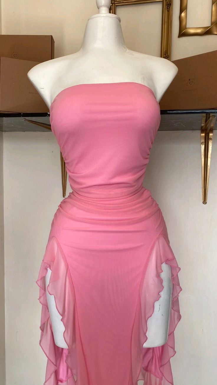 Pink Strapless Sheath Ruffles Long Party Dress Wedding Guest Dress, DP4421