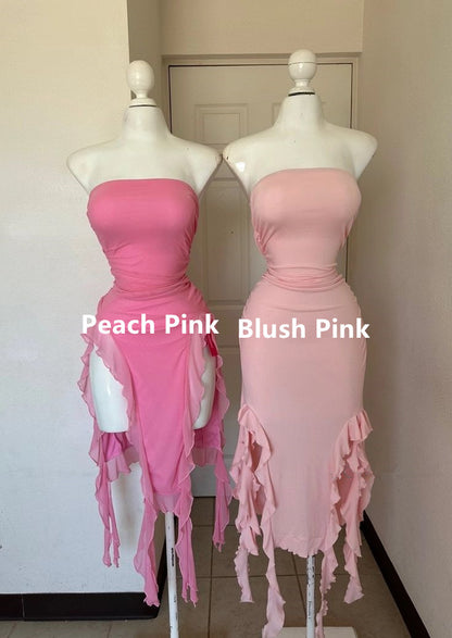 Pink Strapless Sheath Ruffles Long Party Dress Wedding Guest Dress, DP4421