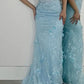 Light Blue Sweetheart Neck Appliques Mermaid Long Formal Prom Dress, DP4416