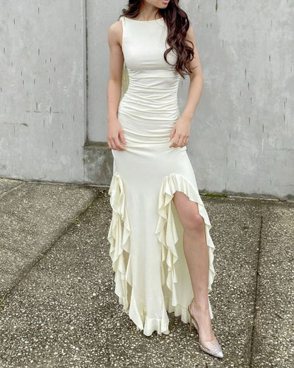 Ivory Sleeveless Sheath Ruffles Long Party Dress Fashion Date Dress, DP4425