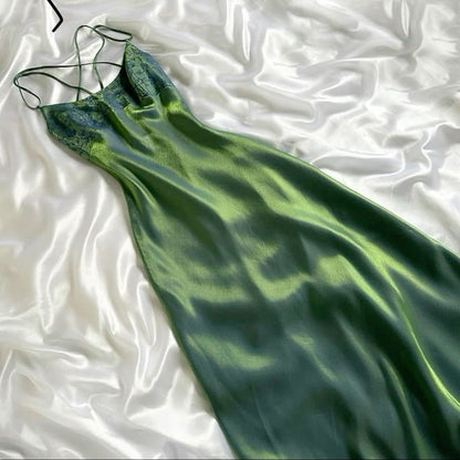 Green Spaghetti Straps Sheath Satin Vintage Long Party Dress, DP4427