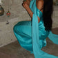 Elegant Blue Off Shoulder Sheath Satin Long Evening Party Dress, DP4428