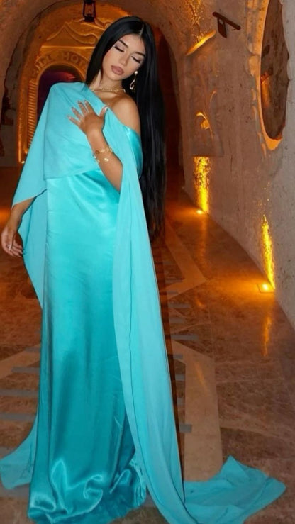 Elegant Blue Off Shoulder Sheath Satin Long Evening Party Dress, DP4428