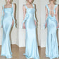 Blue Straps Satin Mermaid Long Party Dress Wedding Guest Dress, DP4431