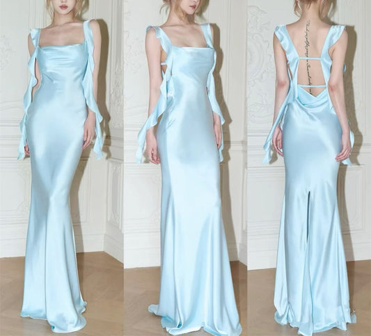 Blue Straps Satin Mermaid Long Party Dress Wedding Guest Dress, DP4431