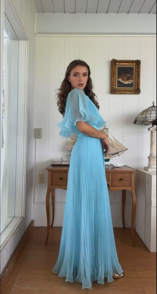 Elegant Blue A-Line Pleated Chiffon Vintage Long Party Dress Birthday Outfits, DP4443