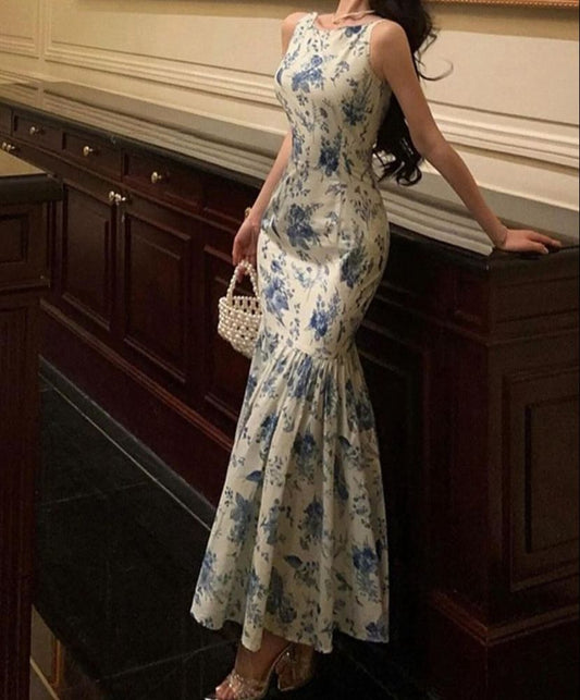 Elegant Printed Sleeveless Vintage Long Party Dress Evening Dress, DP4444