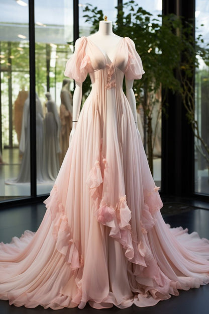 Pink A-Line Puffy Sleeves Ruffles Chiffon Long Formal Evening Party Dress, DP4449