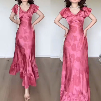 Hot Pink V Neck A-Line Ruffle Satin Party Dress Wedding Guest Dress, DP4452