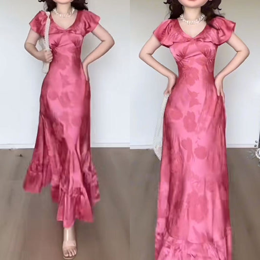 Hot Pink V Neck A-Line Ruffle Satin Party Dress Wedding Guest Dress, DP4452