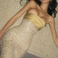 Glitter Gold Strapless Sheath Sequins Beading Long Evening Party Dress, DP4453