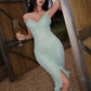 Tiffany Blue Spaghetti Straps Tulle Mermaid Long Party Dress, DP4454