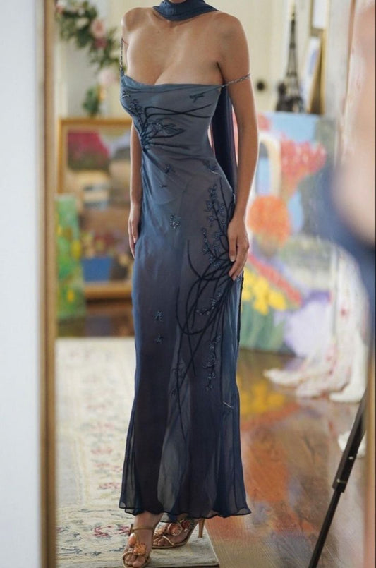 Navy Blue Spaghetti Straps Beading Vintage Long Evening Dress, DP4455