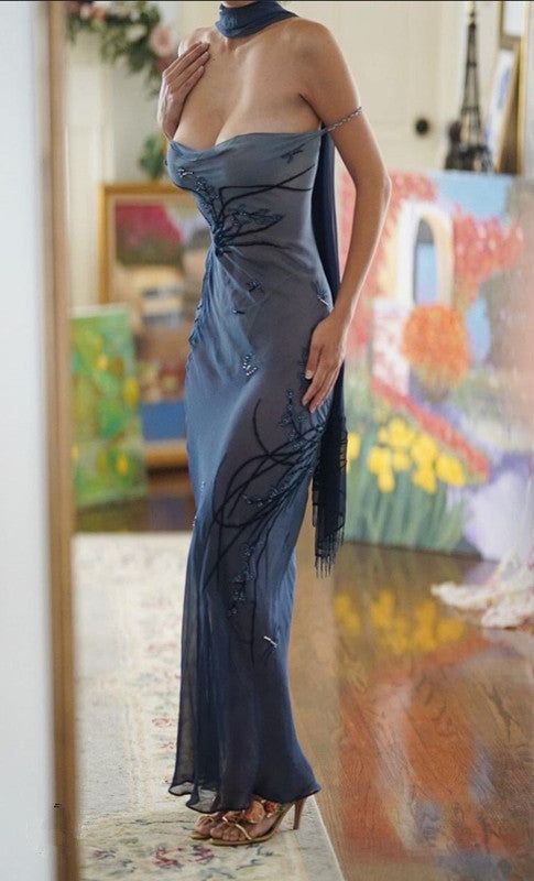 Navy Blue Spaghetti Straps Beading Vintage Long Evening Dress, DP4455