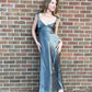 Silver Grey V Neck Sheath Satin Cute Long Party Dress Evening Dress, DP4456