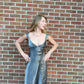 Silver Grey V Neck Sheath Satin Cute Long Party Dress Evening Dress, DP4456