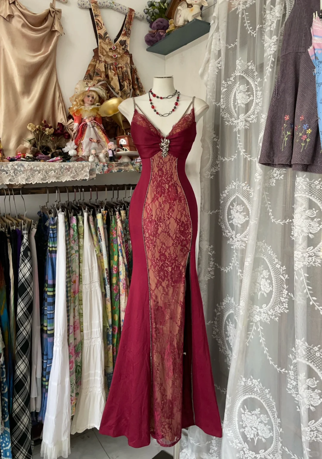 Burgundy Spaghetti Straps Lace Mermaid Vintage Long Evening Party Dress, DP4457