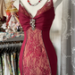 Burgundy Spaghetti Straps Lace Mermaid Vintage Long Evening Party Dress, DP4457