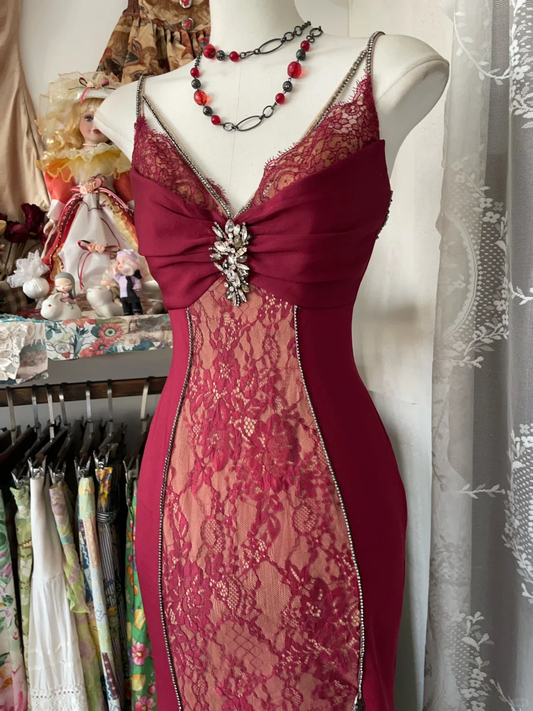 Burgundy Spaghetti Straps Lace Mermaid Vintage Long Evening Party Dress, DP4457