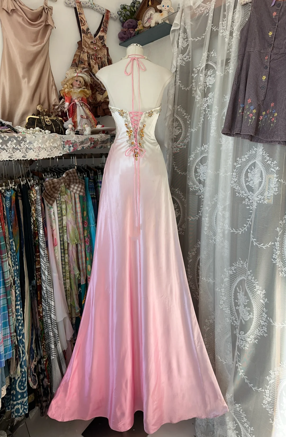 Ombre Pink Halter Beading A-Line Satin Vintage Long Party Dress, DP4461