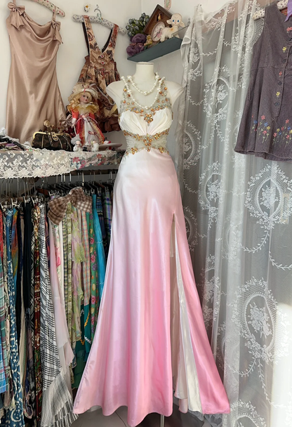 Ombre Pink Halter Beading A-Line Satin Vintage Long Party Dress, DP4461