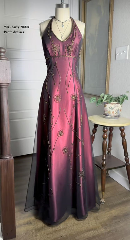 Burgundy Halter A-Line Beading 90s Vintage Long Prom Dress Evening Gown, DP4469