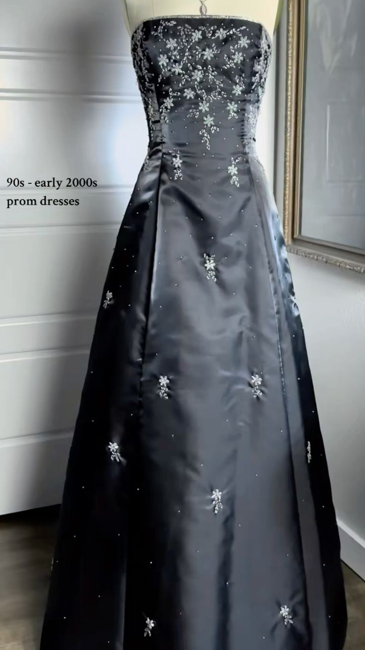 Black Strapless A-Line Beading 90s Vintage Long Prom Dress Evening Gown, DP4471