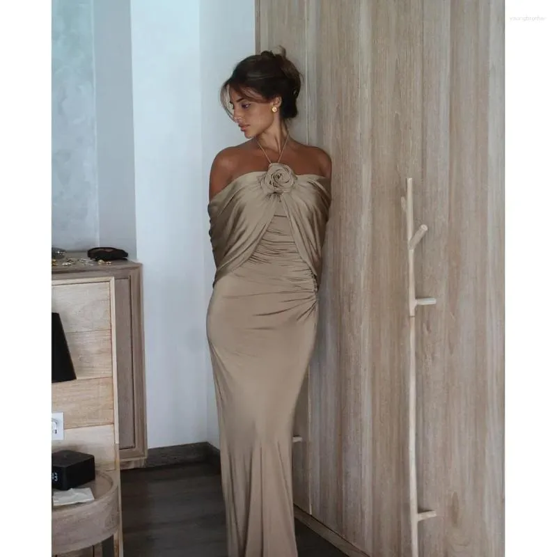 halter off shoulder dress SHEIN Halter Off Shoulder Ruffle Detail Satin Dress