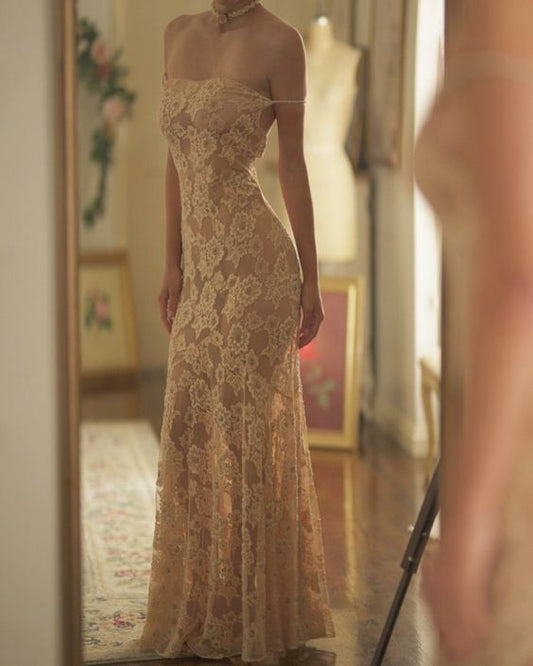 Ivory Spaghetti Straps Sheath Lace Sexy Long Party Dress Evening Gown, DP4480