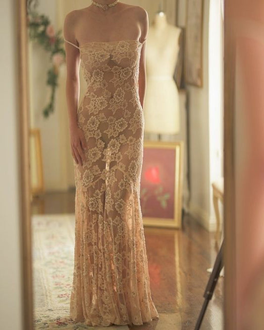 Ivory Spaghetti Straps Sheath Lace Sexy Long Party Dress Evening Gown, DP4480