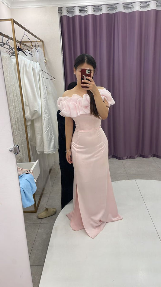 Elegant Pink Off Shoulder Sheath Satin Long Party Dress Birthday Dress, DP4485