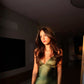 Green Spaghetti Straps V Neck Satin Long Party Dress Wedding Guest Dress, DP4490