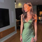 Green Spaghetti Straps V Neck Satin Long Party Dress Wedding Guest Dress, DP4490