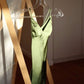 Green Spaghetti Straps V Neck Satin Long Party Dress Wedding Guest Dress, DP4490