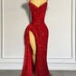 Sexy Red Spaghetti Straps Sequins Split Long Party Dress Evening Gown, DP4494